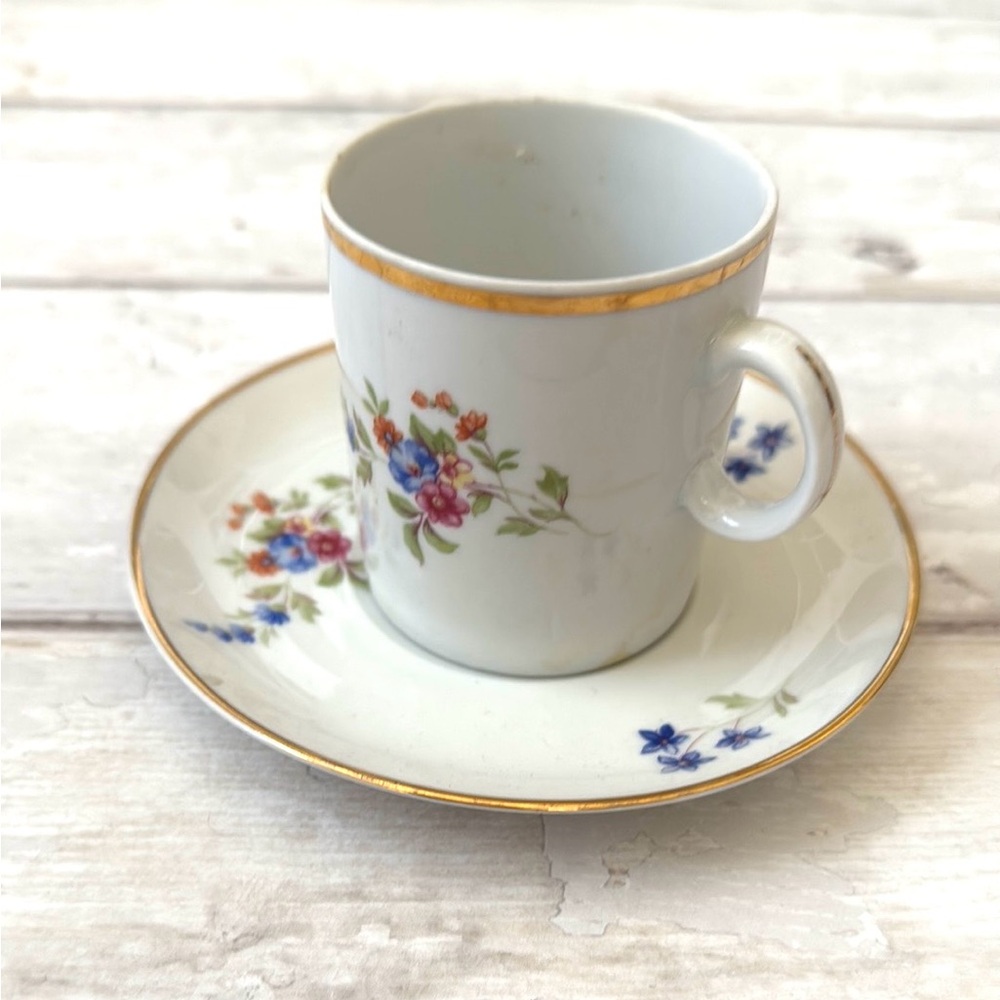 Vintage Polish Teacup & Saucer Tea Cup Plate Blue Pink Floral Flowers Design